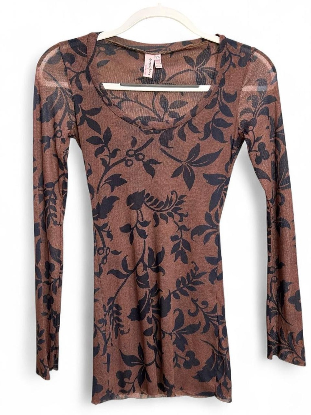 Vintage Y2K Sweet Pea Brown and Black Floral Mesh Long Sleeve
